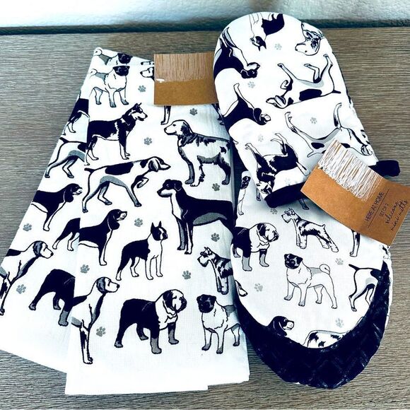 Dog Print Black White Kitchen Dish Towels Oven Mitts Set - Picture 1 of 7